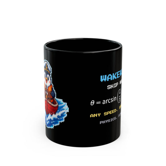Wakewing – Kelvin Wake pixel-art physics mug, black ceramic, view 1