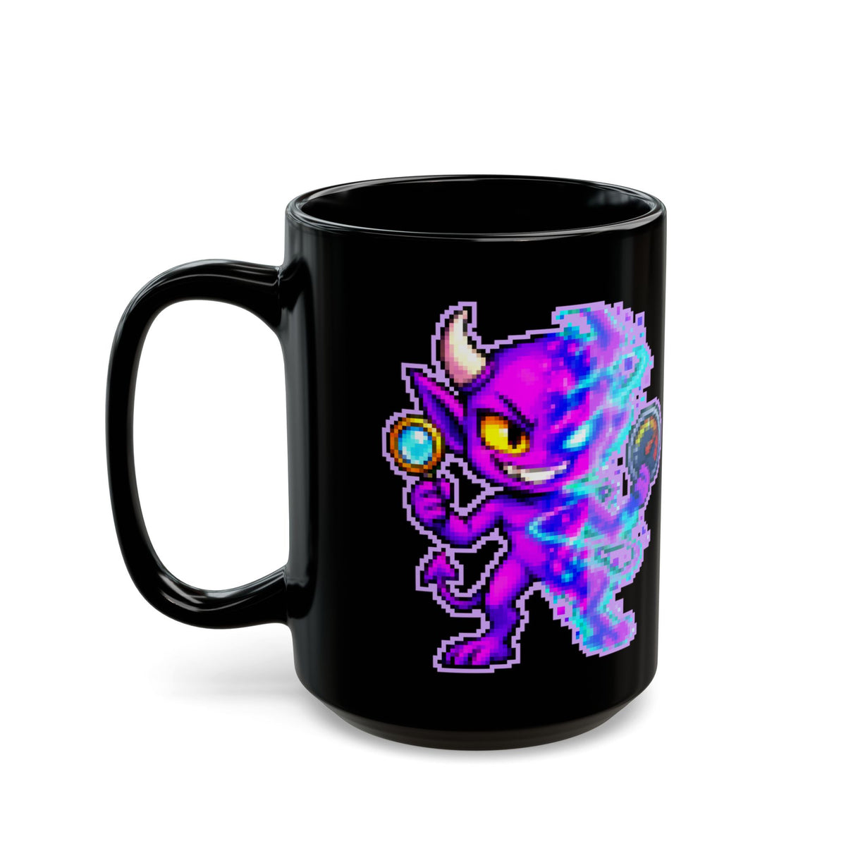 Fuzzwick – Uncertainty Principle pixel-art physics mug, black ceramic, view 7