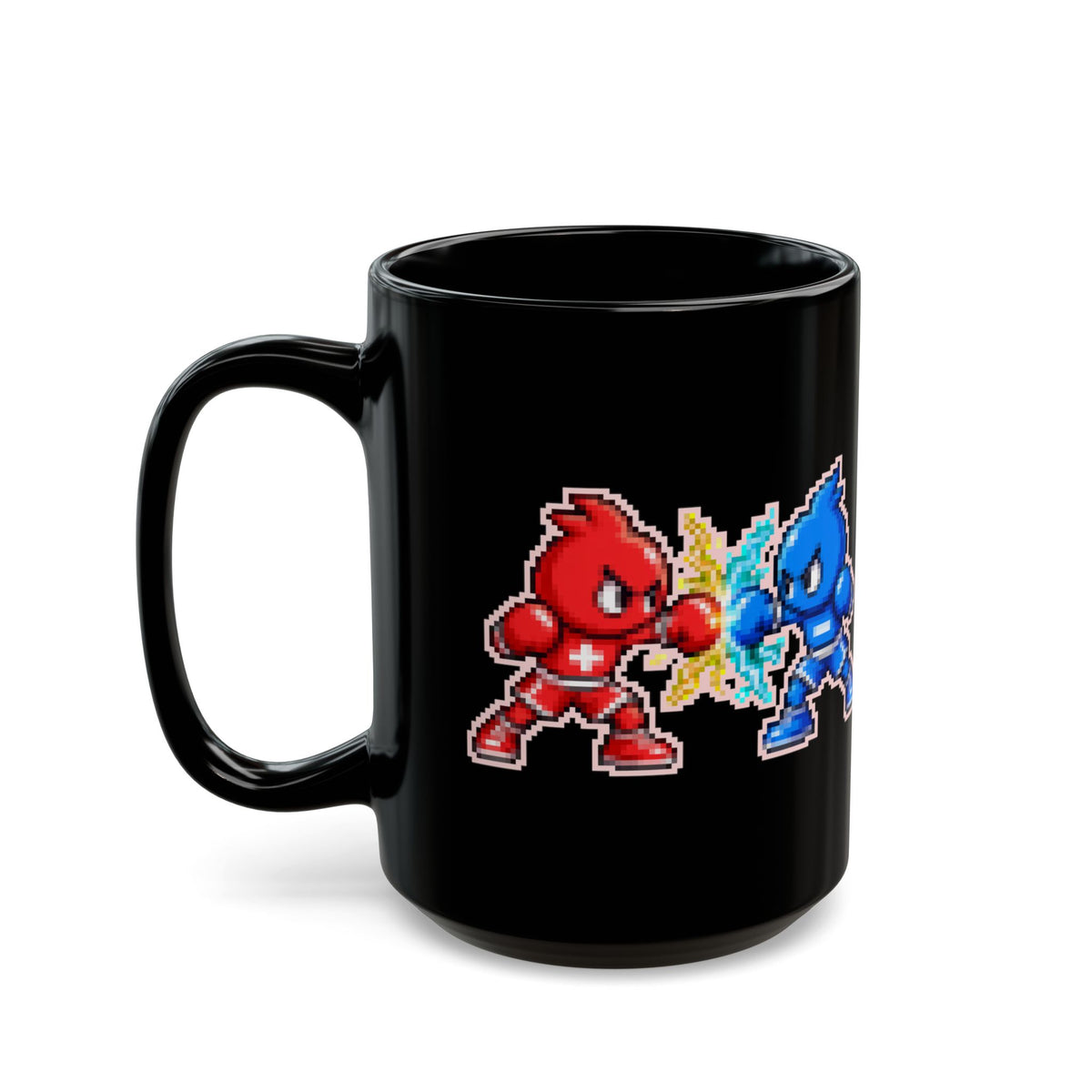 Coulombo – Coulomb’s Law pixel-art physics mug, black ceramic, view 7