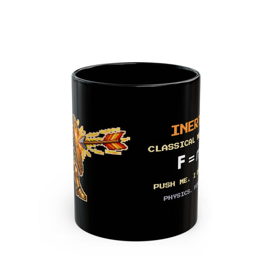 Inertio – Newton’s Second Law pixel-art physics mug, black ceramic, view 1