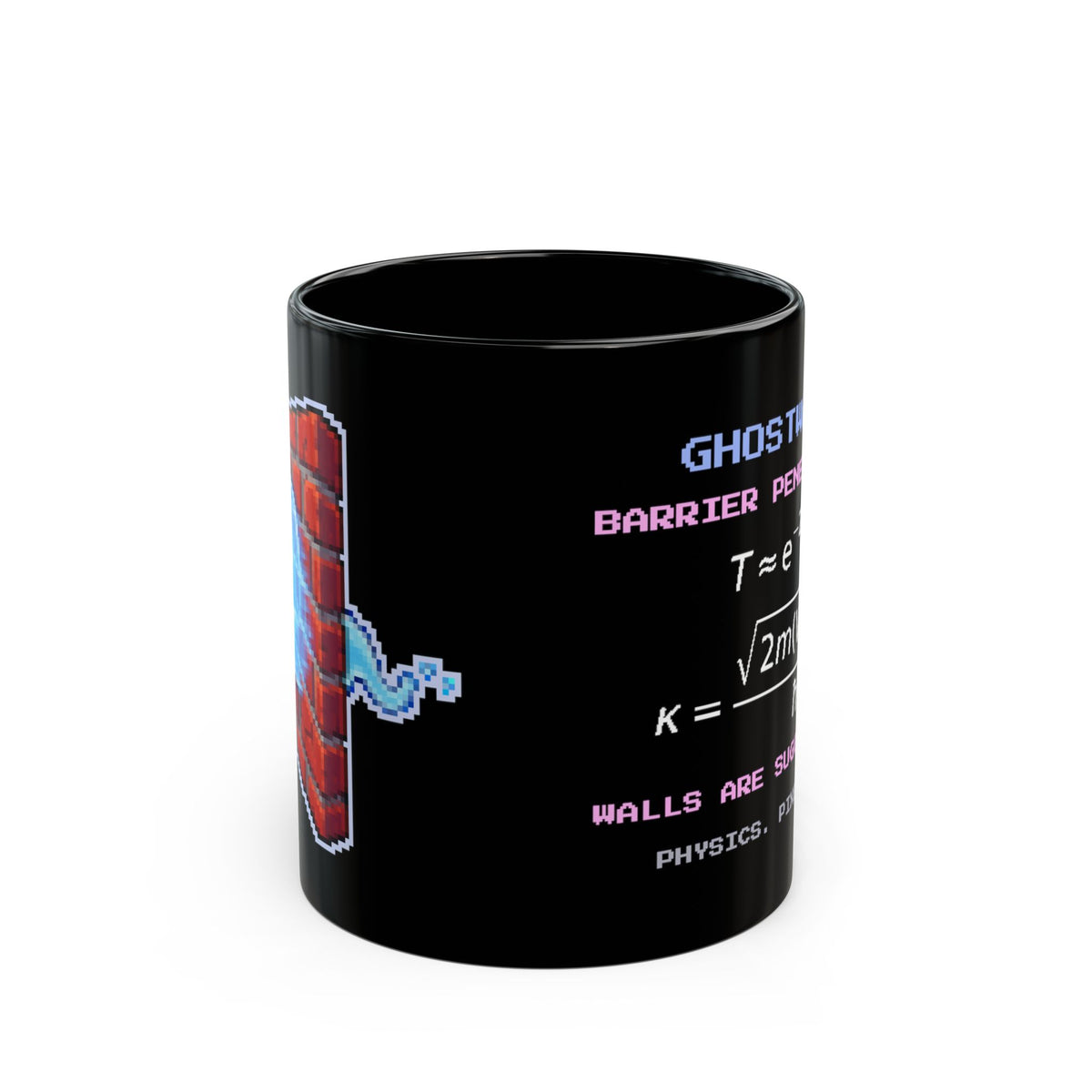 Ghostwall – Quantum Tunnelling pixel-art physics mug, black ceramic, view 1