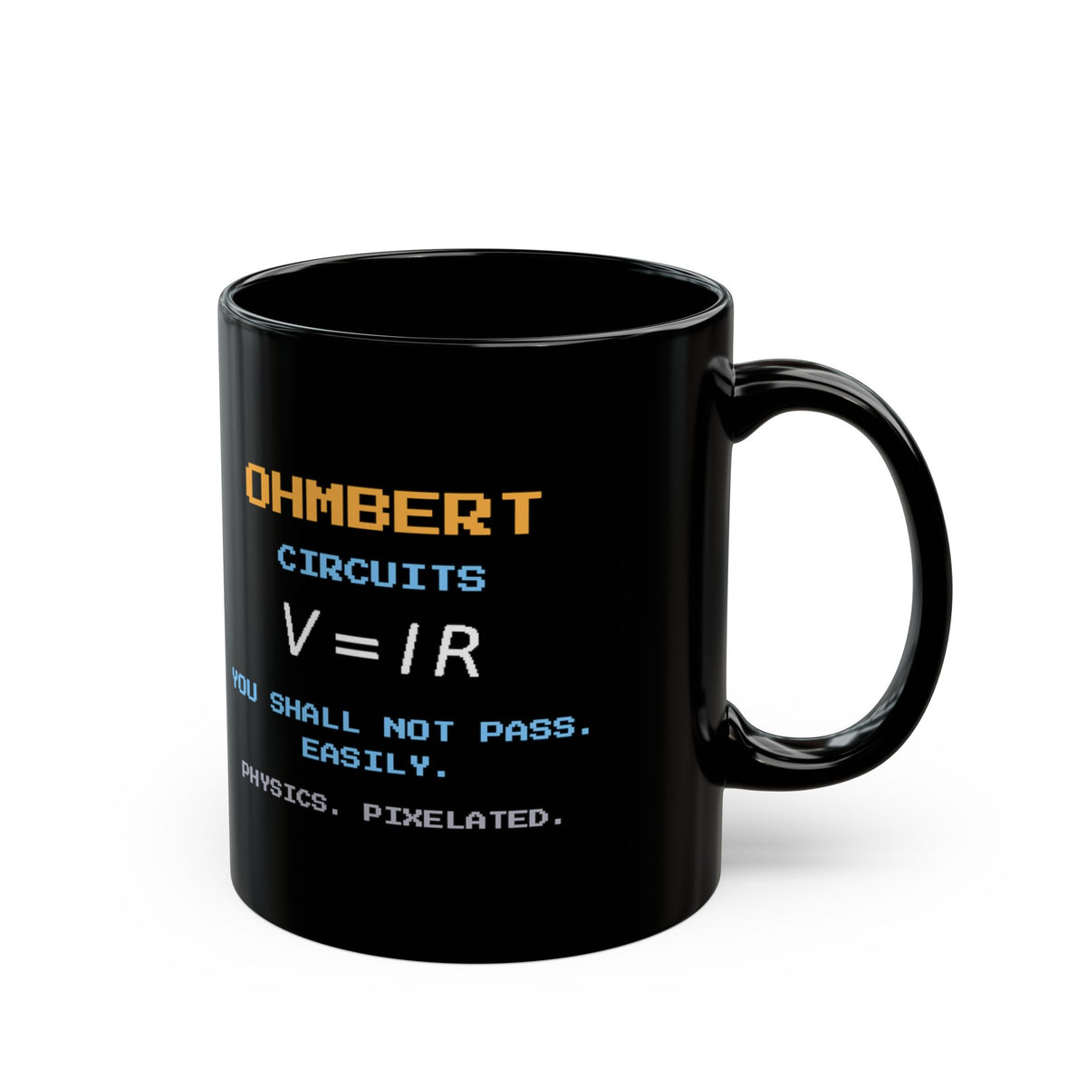Ohmbert – Ohm’s Law pixel-art physics mug, black ceramic, view 3