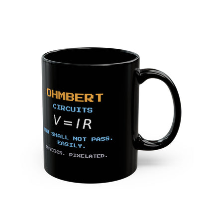 Ohmbert – Ohm’s Law pixel-art physics mug, black ceramic, view 3