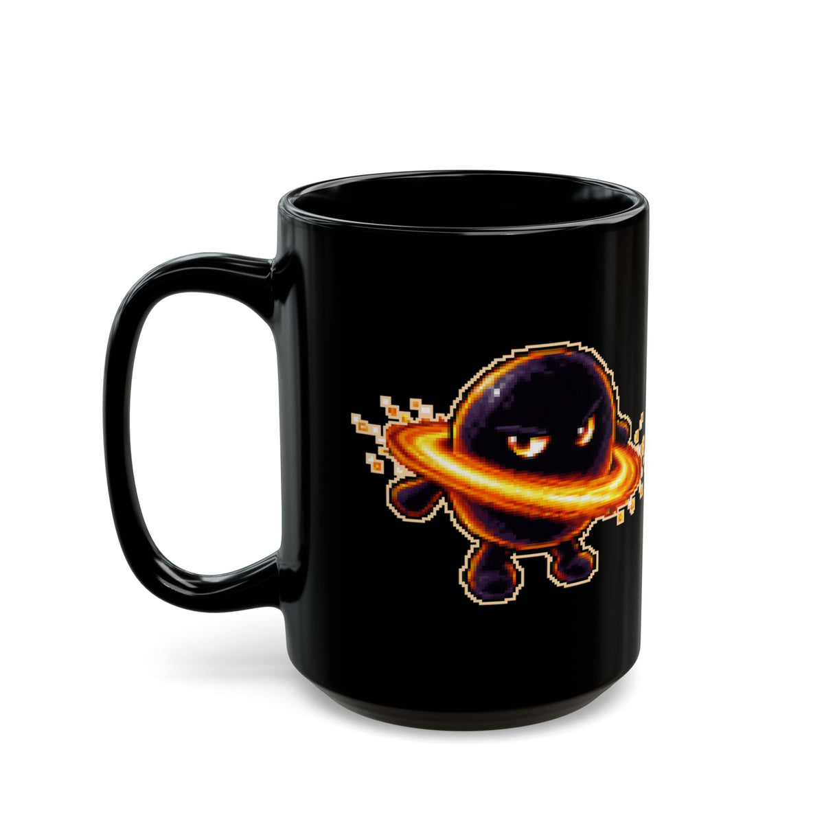Hawkara – Hawking Radiation pixel-art physics mug, black ceramic, view 7
