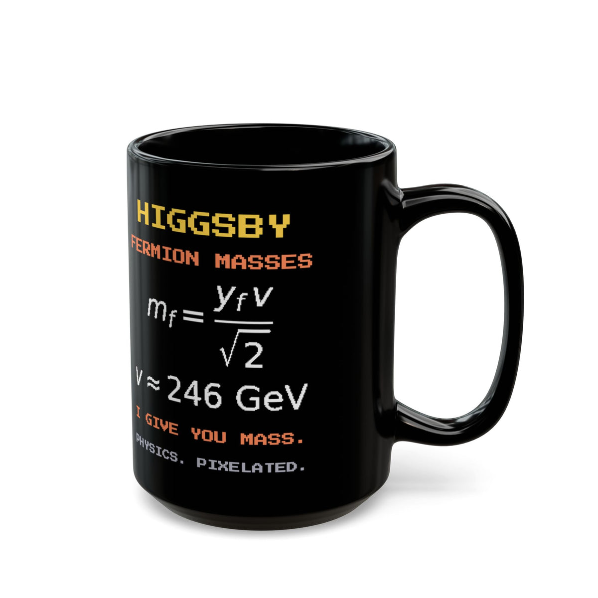 Higgsby – Higgs Mechanism pixel-art physics mug, black ceramic, view 6