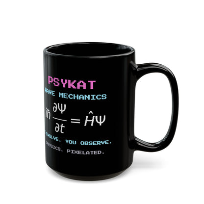 Psykat – Schrödinger Equation pixel-art physics mug, black ceramic, view 6
