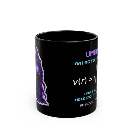 Umbrar – Dark Matter pixel-art physics mug, black ceramic, view 1