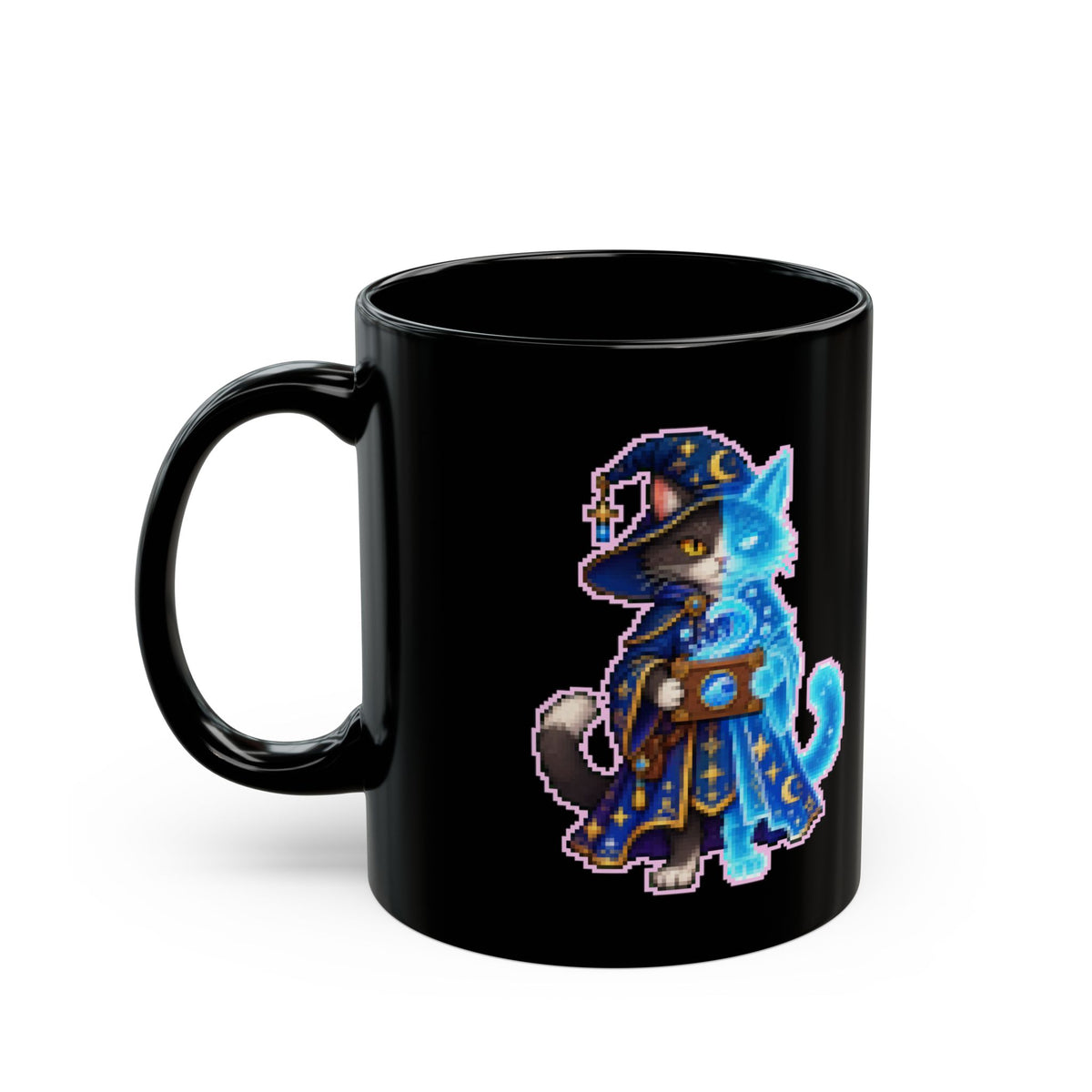 Psykat – Schrödinger Equation pixel-art physics mug, black ceramic, view 4