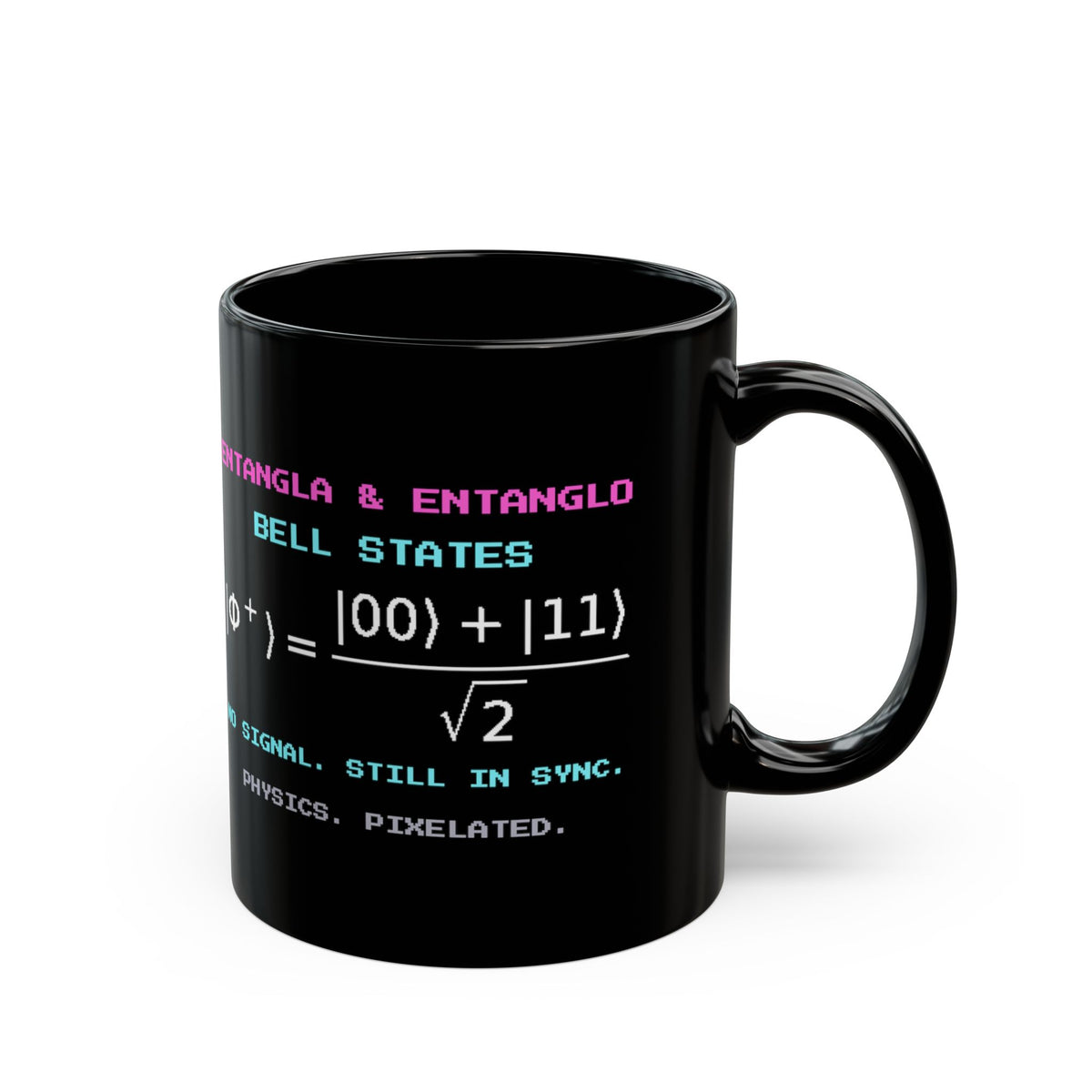 Entangla & Entanglo – Quantum Entanglement pixel-art physics mug, black ceramic, view 3