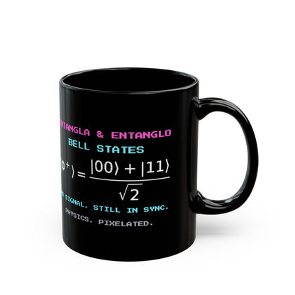 Entangla & Entanglo – Quantum Entanglement pixel-art physics mug, black ceramic, view 3