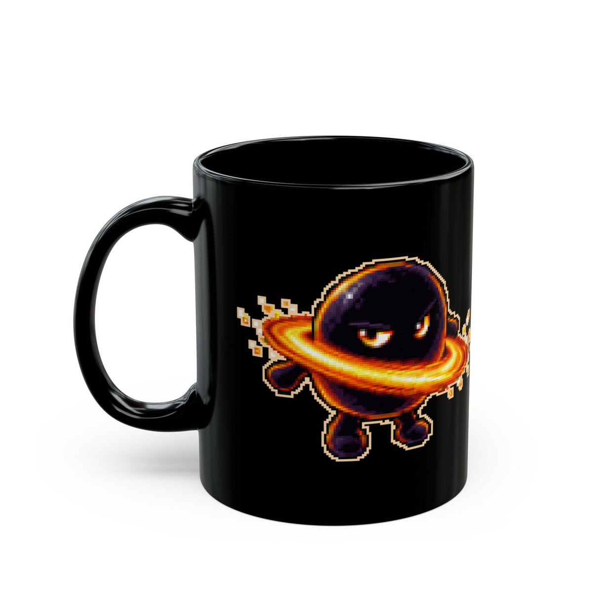 Hawkara – Hawking Radiation pixel-art physics mug, black ceramic, view 4