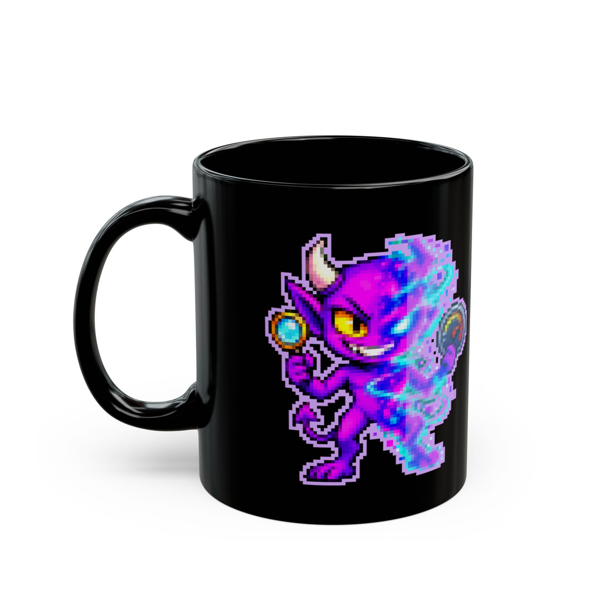 Fuzzwick – Uncertainty Principle pixel-art physics mug, black ceramic, view 4