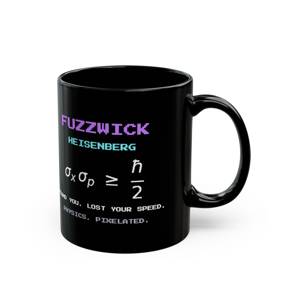Fuzzwick – Uncertainty Principle pixel-art physics mug, black ceramic, view 3