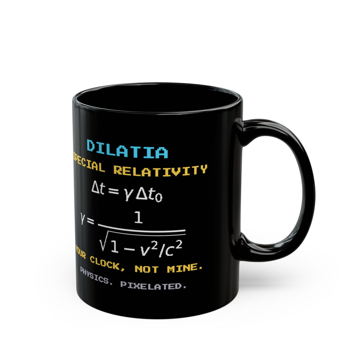 Dilatia – Time Dilation pixel-art physics mug, black ceramic, view 3