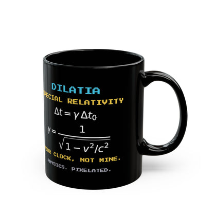 Dilatia – Time Dilation pixel-art physics mug, black ceramic, view 3