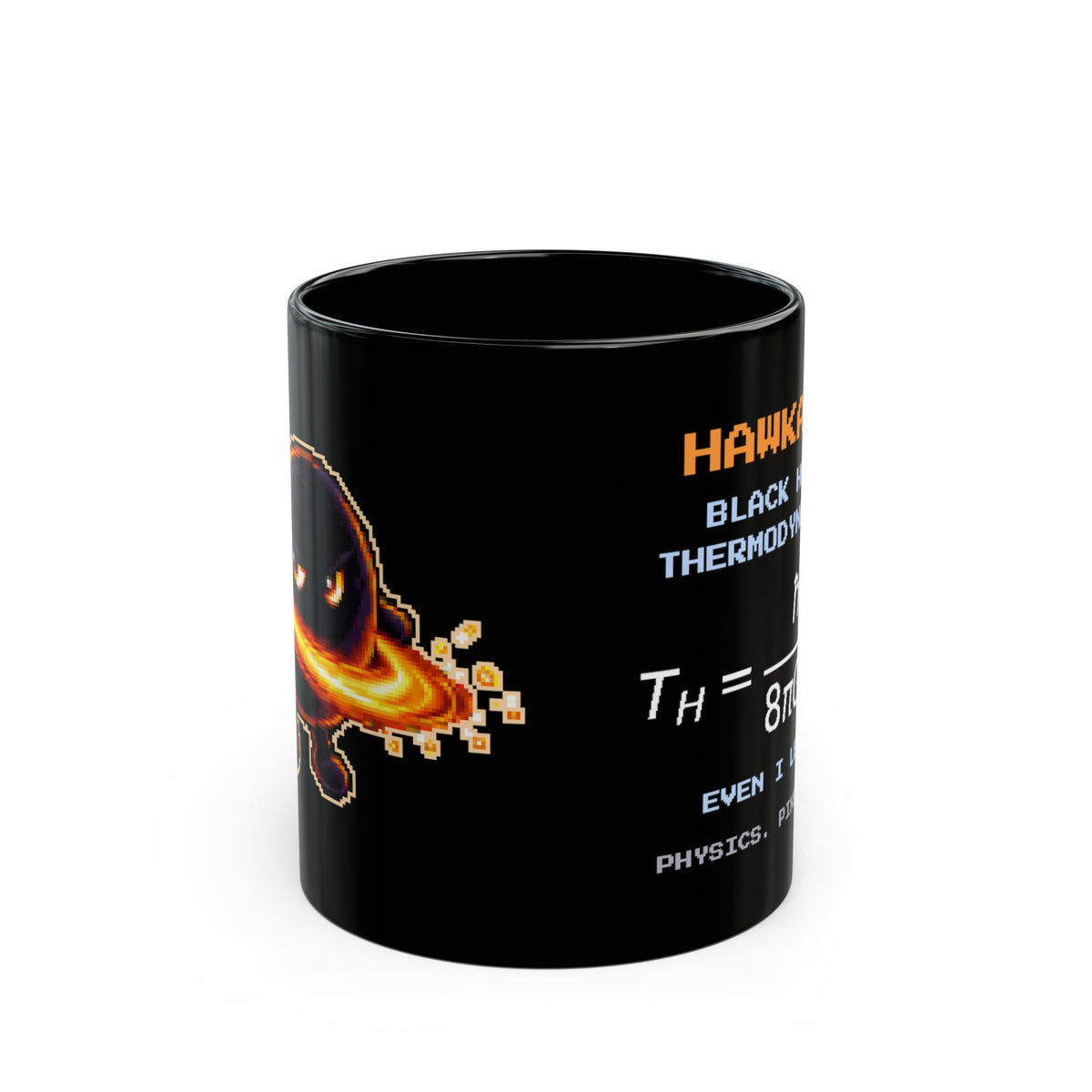 Hawkara – Hawking Radiation pixel-art physics mug, black ceramic, view 1