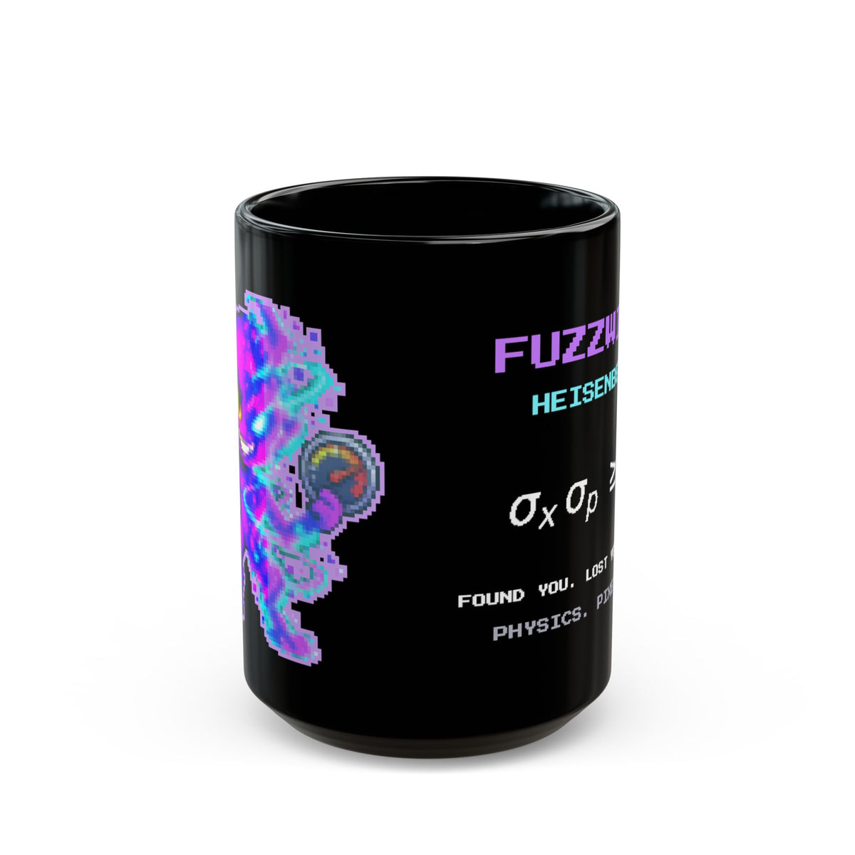 Fuzzwick – Uncertainty Principle pixel-art physics mug, black ceramic, view 2