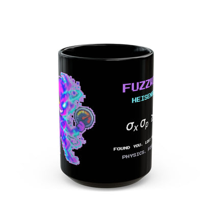 Fuzzwick – Uncertainty Principle pixel-art physics mug, black ceramic, view 2