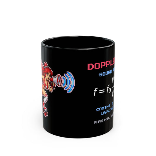 Dopplerine – Doppler Effect pixel-art physics mug, black ceramic, view 1