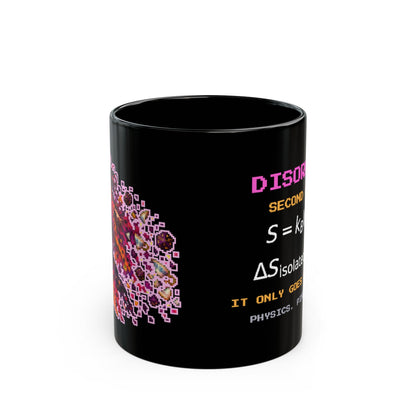 Disordra – Entropy pixel-art physics mug, black ceramic, view 1