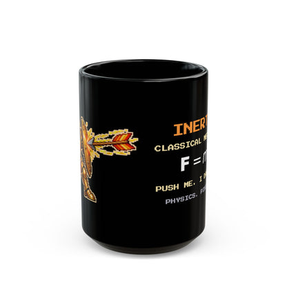 Inertio – Newton’s Second Law pixel-art physics mug, black ceramic, view 2