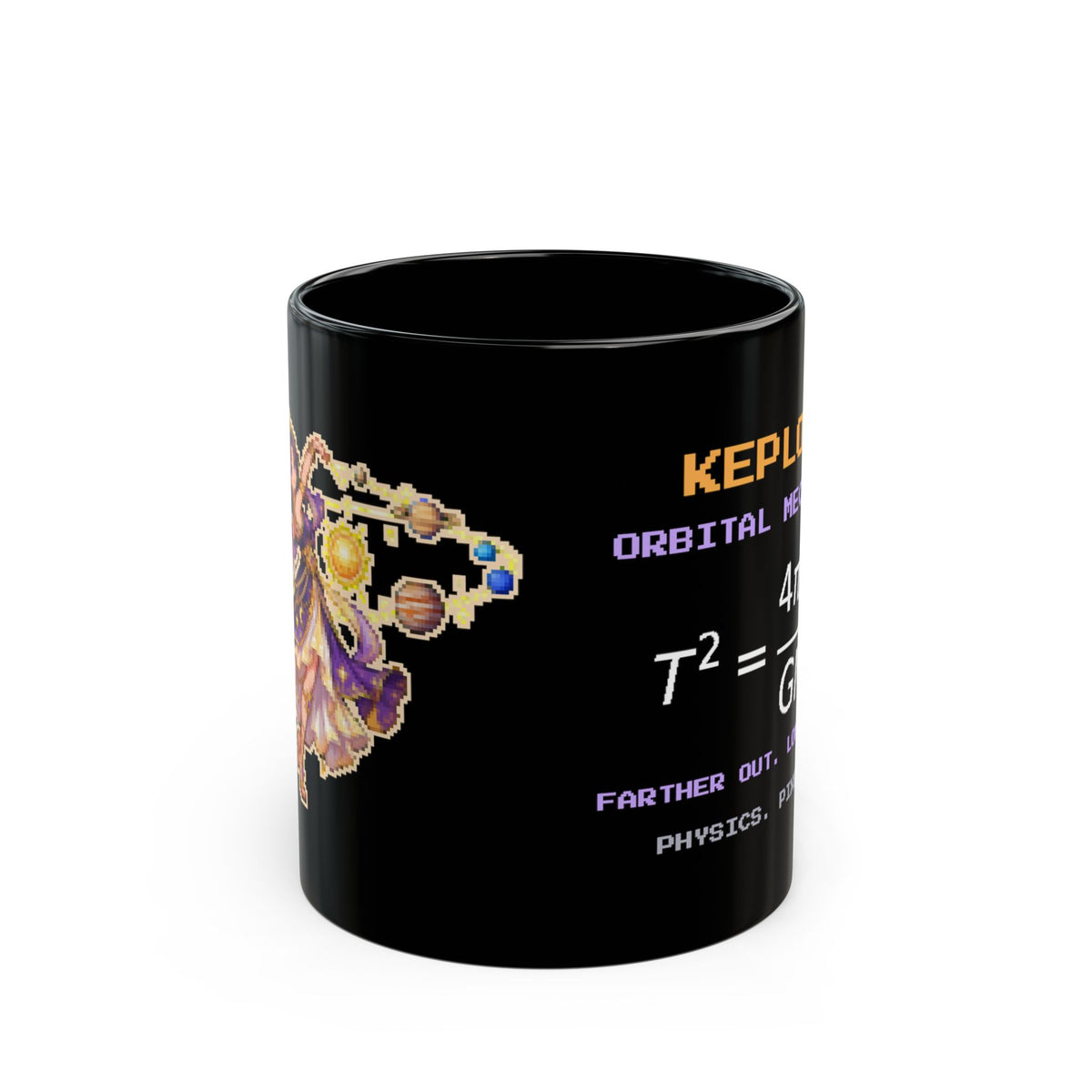 Keplora – Kepler’s Third Law pixel-art physics mug, black ceramic, view 1