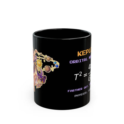 Keplora – Kepler’s Third Law pixel-art physics mug, black ceramic, view 1