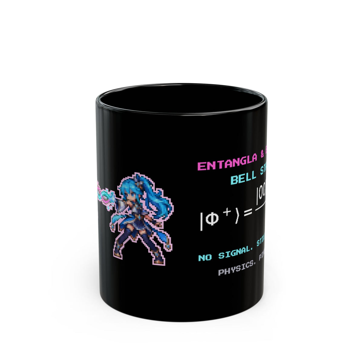 Entangla & Entanglo – Quantum Entanglement pixel-art physics mug, black ceramic, view 1