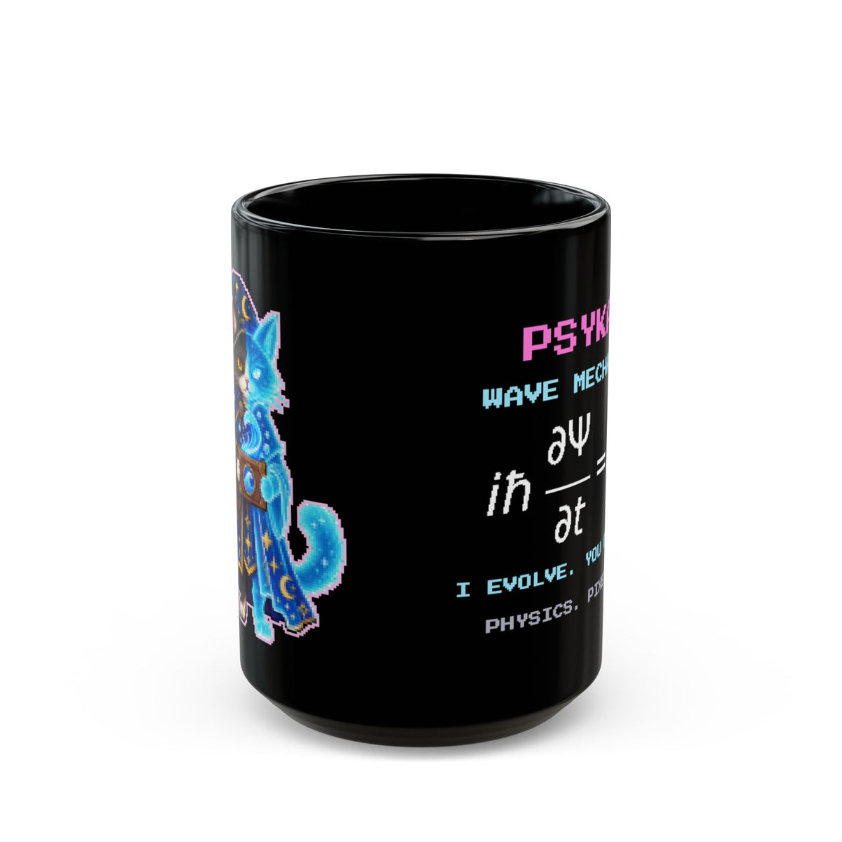 Psykat – Schrödinger Equation pixel-art physics mug, black ceramic, view 2
