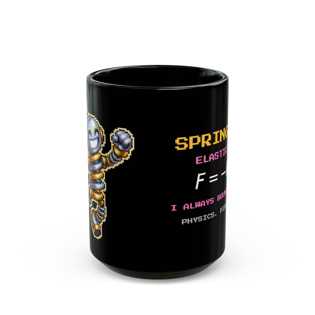 Springald – Hooke’s Law pixel-art physics mug, black ceramic, view 2