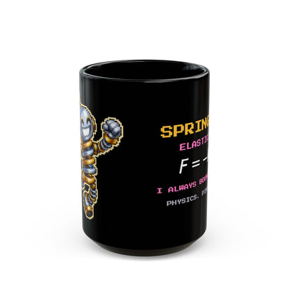 Springald – Hooke’s Law pixel-art physics mug, black ceramic, view 2