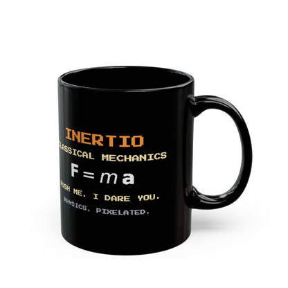 Inertio – Newton’s Second Law pixel-art physics mug, black ceramic, view 3