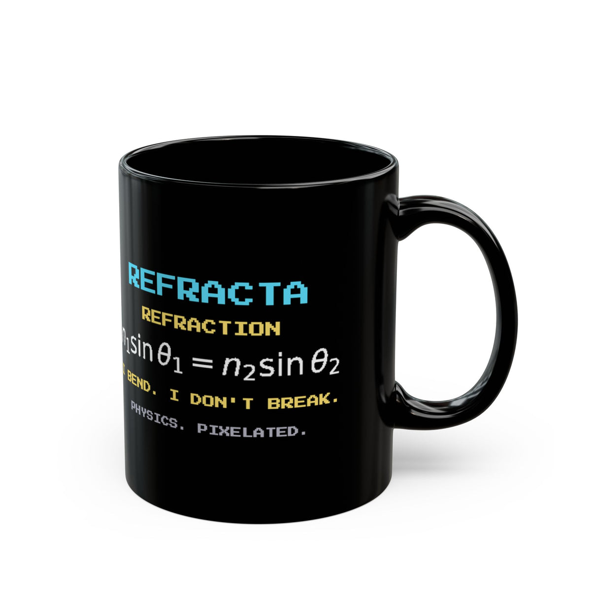 Refracta – Snell’s Law pixel-art physics mug, black ceramic, view 3