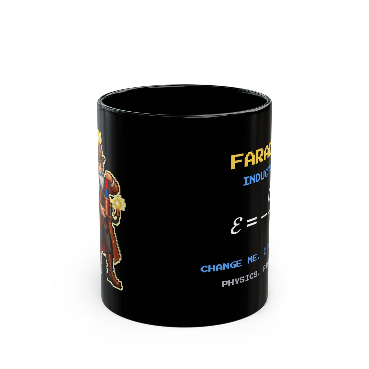 Faradax – Faraday’s Law pixel-art physics mug, black ceramic, view 1