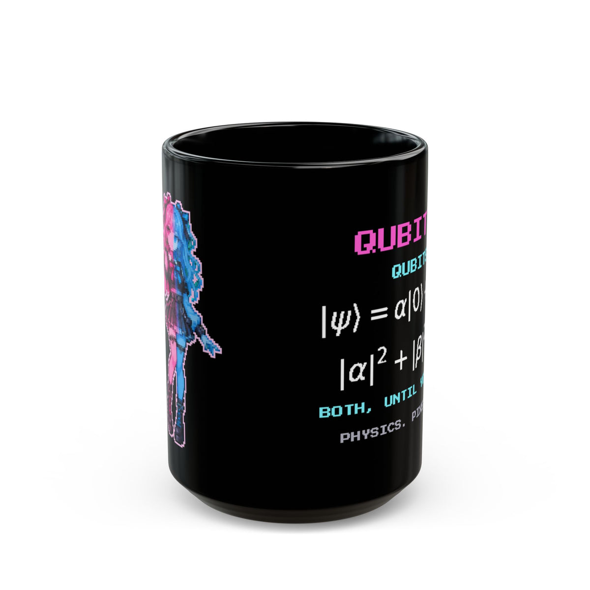 Qubitta – Quantum Superposition pixel-art physics mug, black ceramic, view 2