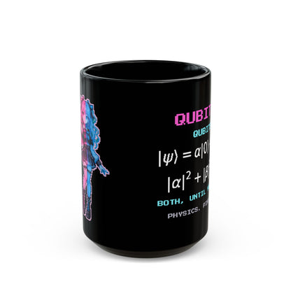 Qubitta – Quantum Superposition pixel-art physics mug, black ceramic, view 2