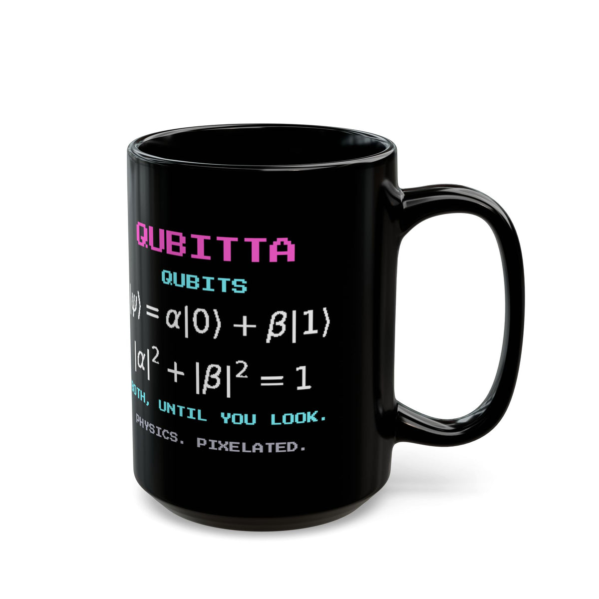 Qubitta – Quantum Superposition pixel-art physics mug, black ceramic, view 6
