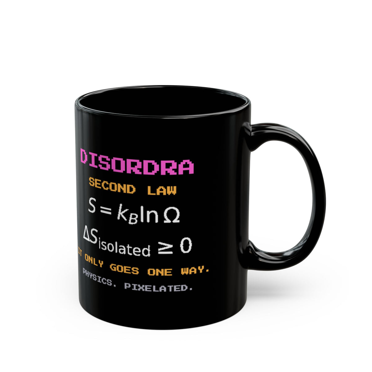 Disordra – Entropy pixel-art physics mug, black ceramic, view 3