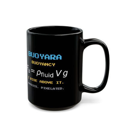Buoyara – Archimedes’ Principle pixel-art physics mug, black ceramic, view 6