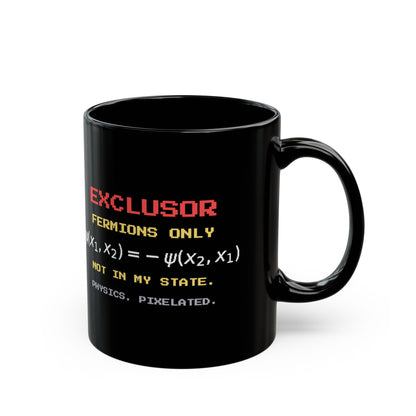 Exclusor – Pauli Exclusion pixel-art physics mug, black ceramic, view 3