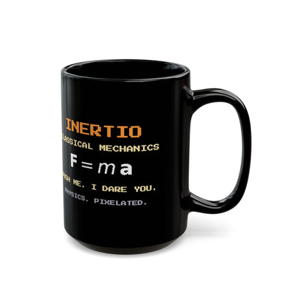 Inertio – Newton’s Second Law pixel-art physics mug, black ceramic, view 6