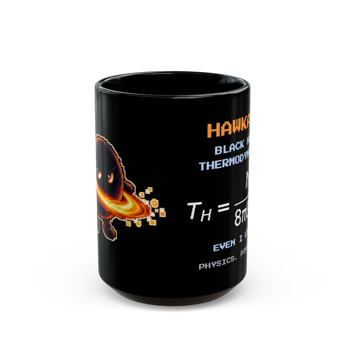 Hawkara – Hawking Radiation pixel-art physics mug, black ceramic, view 2