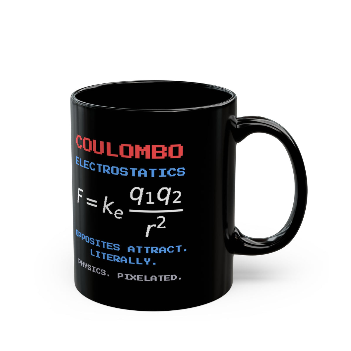 Coulombo – Coulomb’s Law pixel-art physics mug, black ceramic, view 3