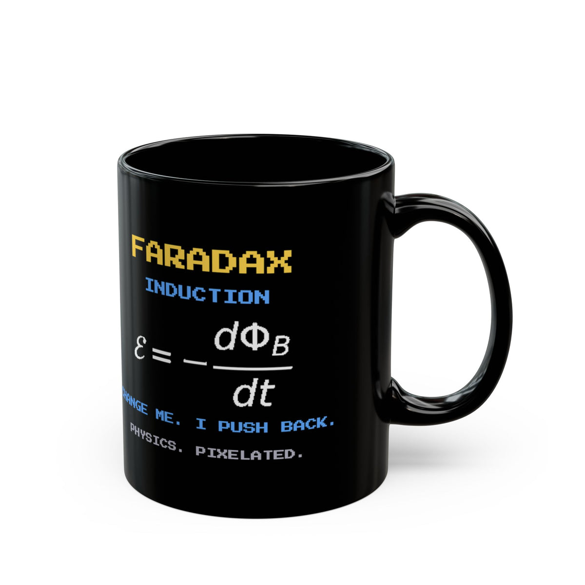 Faradax – Faraday’s Law pixel-art physics mug, black ceramic, view 3