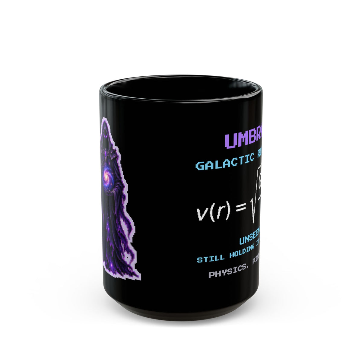 Umbrar – Dark Matter pixel-art physics mug, black ceramic, view 2