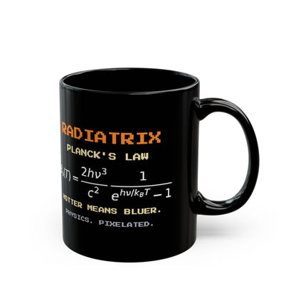 Radiatrix – Blackbody Radiation pixel-art physics mug, black ceramic, view 3