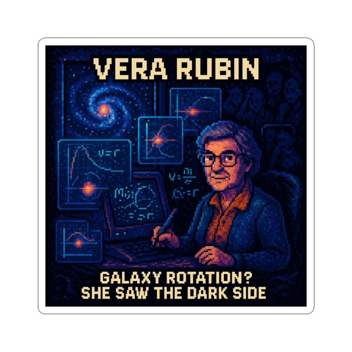 Vera Rubin pixel-art physics sticker – galaxy rotation and dark matter