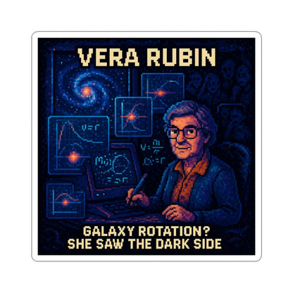 Vera Rubin pixel-art physics sticker – galaxy rotation and dark matter