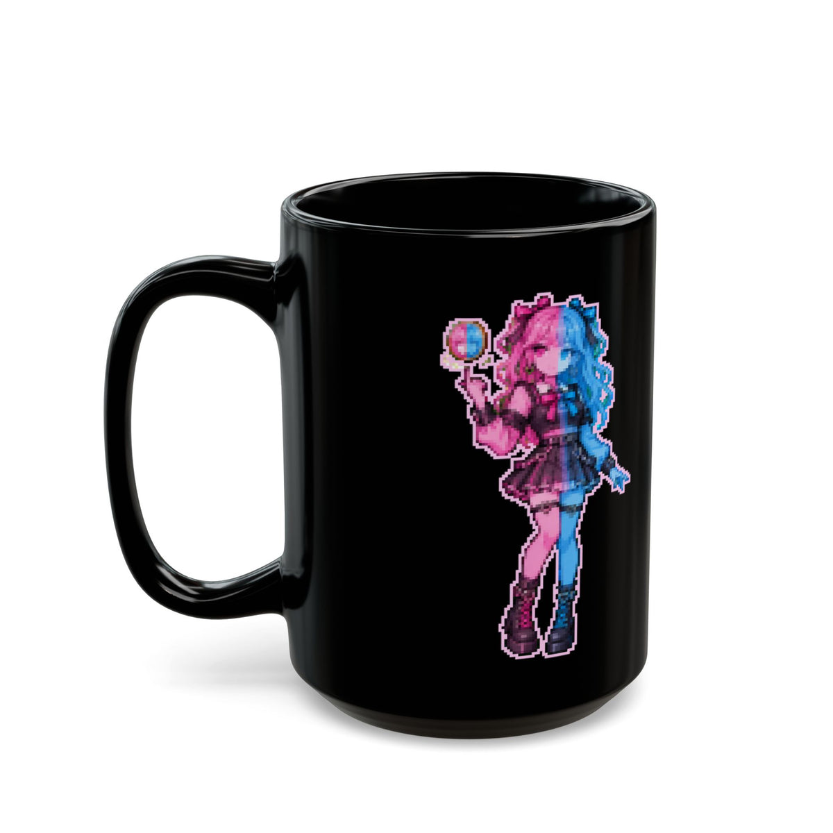 Qubitta – Quantum Superposition pixel-art physics mug, black ceramic, view 7