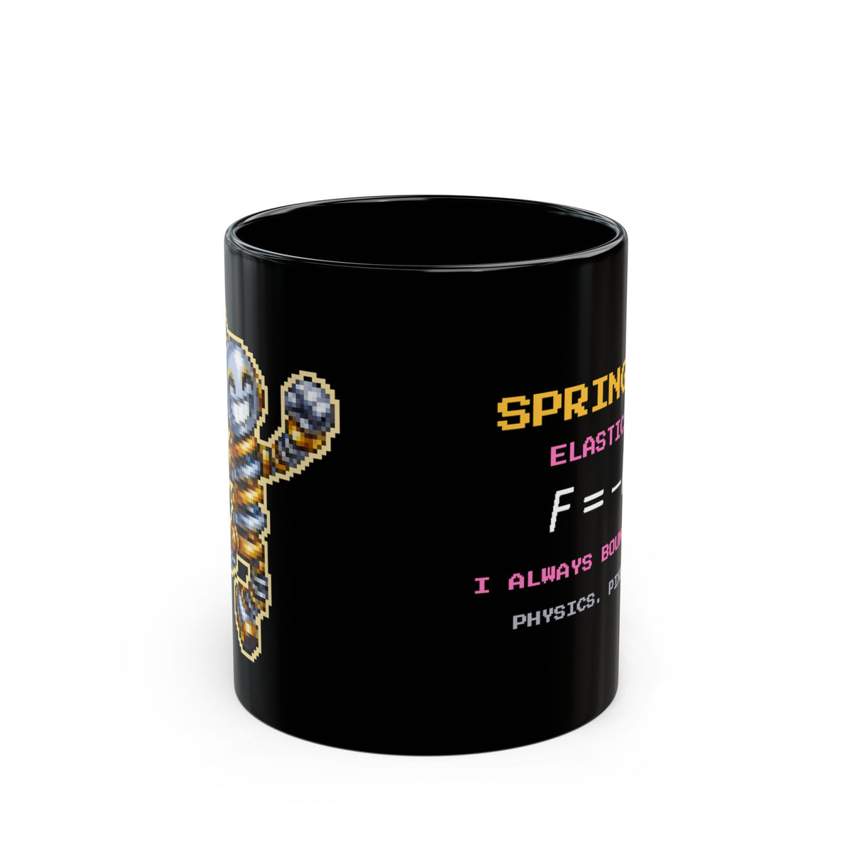 Springald – Hooke’s Law pixel-art physics mug, black ceramic, view 1